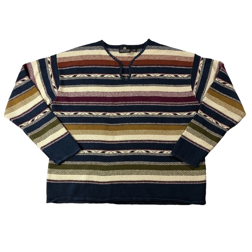 VTG 90s Structure Striped Knit Henley Sweater Men's XL Eclectic Grandpa Indie